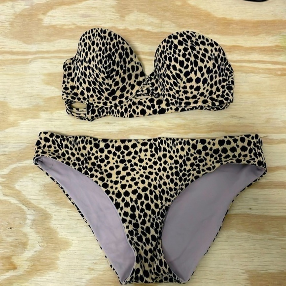 Victoria Secret Strapless Leopard Animal Cheetah Print Swimsuit size M 34B top - Picture 2 of 10